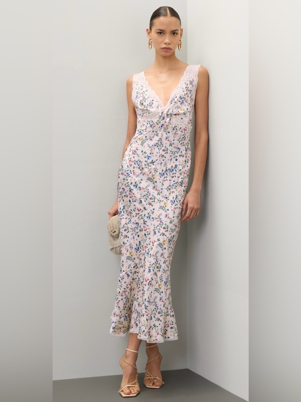 Paco Rabanne Pale Pink Floral Lace-Trim Maxi Dress